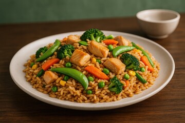 Chicken and vegetable fried rice served on a plate