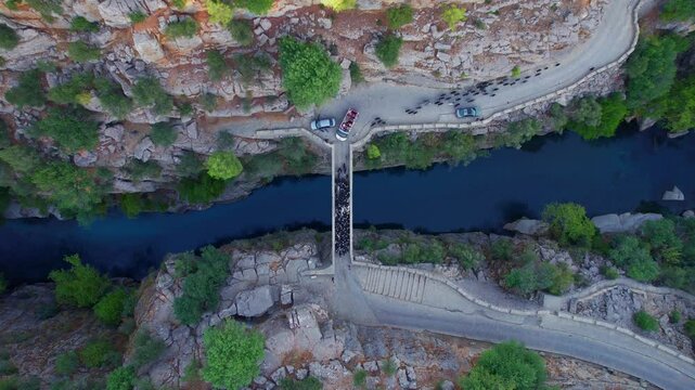 Stone bridge with river from Koprulu Tazi Canyon. Manavgat Antalya Turkey aerial top view