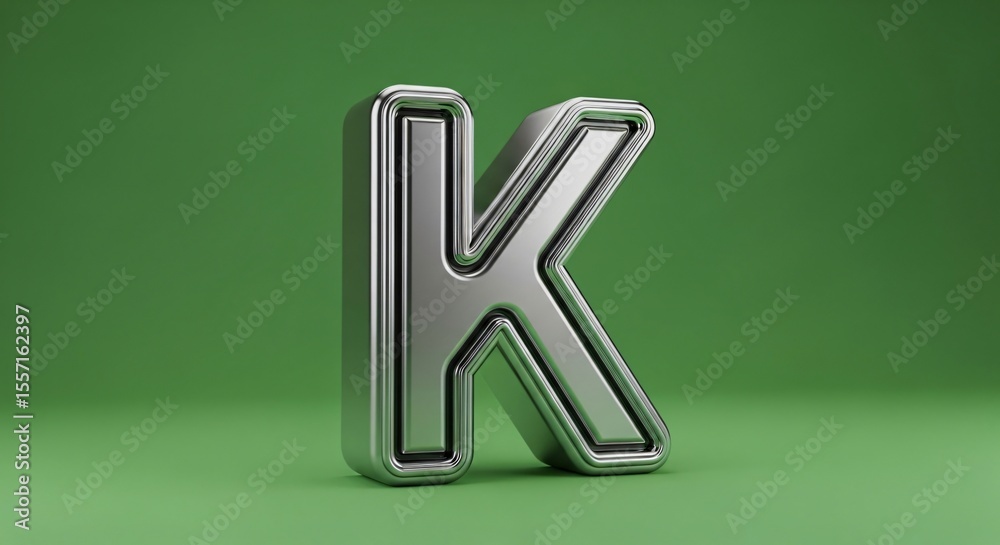 Fototapete a shiny silver letter k standing upright against a solid green background in a studio setting view