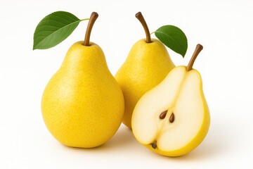 Bright yellow pears displayed on a plain white backdrop