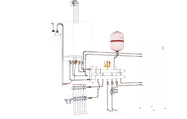 Layout of Industrial Boiler Room Interior with Pipes, Valves, Machinery and Heating System Equipment, 3D Rendering, wireframe
