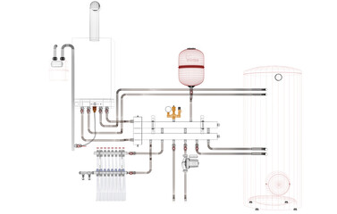 Layout of Industrial Boiler Room Interior with Pipes, Valves, Machinery and Heating System Equipment, 3D Rendering, wireframe