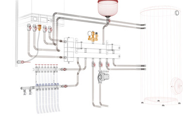 Layout of Industrial Boiler Room Interior with Pipes, Valves, Machinery and Heating System Equipment, 3D Rendering, wireframe