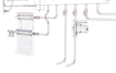 Layout of Industrial Boiler Room Interior with Pipes, Valves, Machinery and Heating System Equipment, 3D Rendering, wireframe
