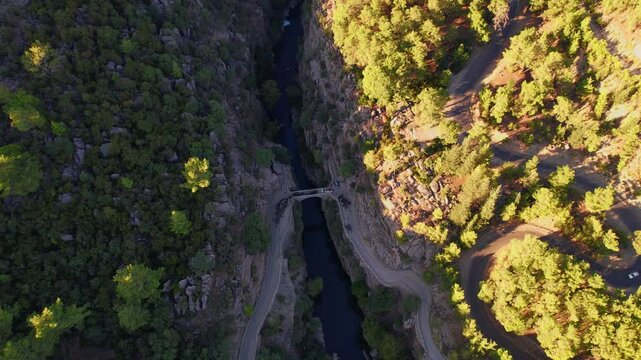 Stone bridge with river from Koprulu Tazi Canyon. Manavgat Antalya Turkey aerial top view