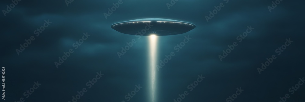 Poster Unidentified flying object hovering in the night sky, emitting a powerful beam of light and creating a mysterious atmosphere with implications for extraterrestrial exploration