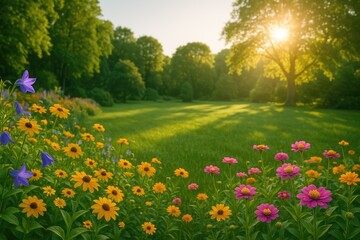 Obraz premium Beautiful garden filled with blooming flowers and lush greenery