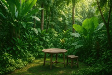 Obraz premium Lush tropical foliage in a tranquil garden nook during springtime