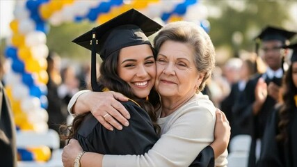 Proud graduate embraced by her grandmother at a graduation ceremony.