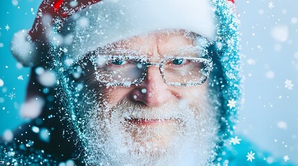 Frosty Santa portrait, snowy background, holiday card