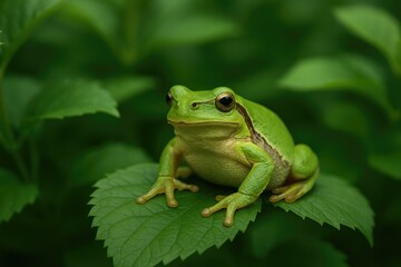 A frog perched on a lush leaf