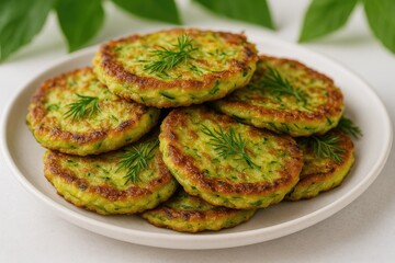 Crispy zucchini pancakes garnished with fresh dill served on a plate