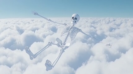 Ethereal Skeleton: Floating in a Dreamy Cloudscape, Pale Blue Sky