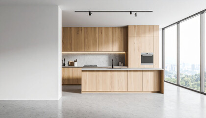 Modern Wood and Concrete Kitchen Interior with Empty Mockup Space on Wall and Island
