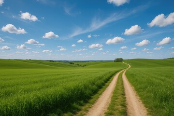 Obraz premium Wide-angle landscape of a lush green meadow during springtime