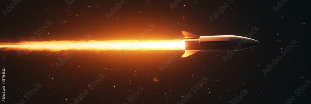 Poster rocket ship soaring through the vast expanse of space, leaving a fiery trail behind, surrounded by a