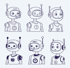 Chatbot Face, Robot, Assistant AI set. Outline hand drawing Avatar. Vector Isolated character for tech support, security, chatbot projects, futuristic design. Not AI