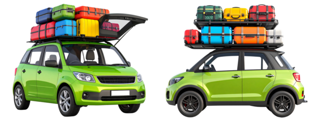 3D Rendered Green Compact Car with Roof Luggage Carrier Packed for Summer Trip, isolated on transparent background PNG