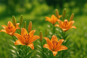 Fototapeta premium Vibrant summer scene featuring a close-up of elegant lily blossoms outdoors