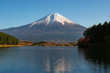 Wide-angle panorama showcasing a serene lake with a majestic mountain in the background