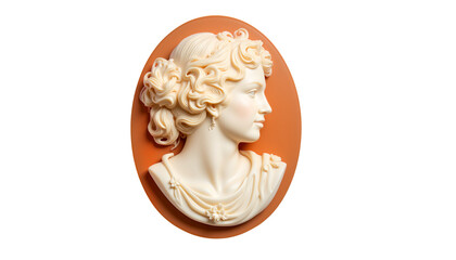 Cameo brooch sculpture of a woman's profile on an orange background, concept of isolated, transparent background, no background  