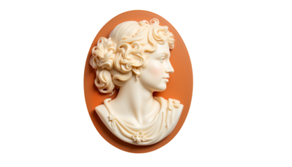Cameo brooch sculpture of a woman's profile on an orange background, concept of isolated, transparent background, no background  