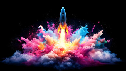 Colorful rocket launch, space, explosion, startup