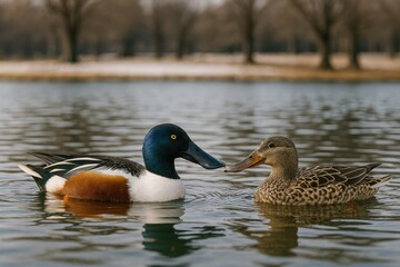 Obraz premium Two Northern Shoveler Ducks Swimming in a Lake at Audubon Park