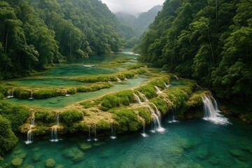 Expansive view of a limestone formation featuring waterfalls and cascades within a lush jungle environment
