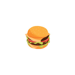 Vector illustration of a classic hamburger with lettuce, tomato, cheese, and beef patty. Clean and colorful design on white background. Ideal for menus, food apps, and fast food-related content.

