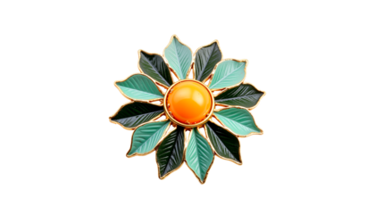 Enamel brooch with green leaves and orange center, isolated, transparent background  
