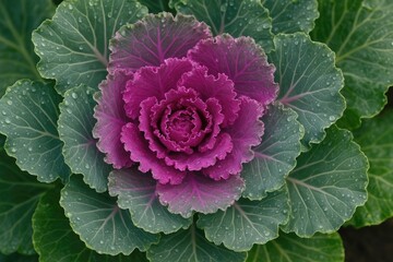 Vibrant ornamental cabbage thriving after winter showers