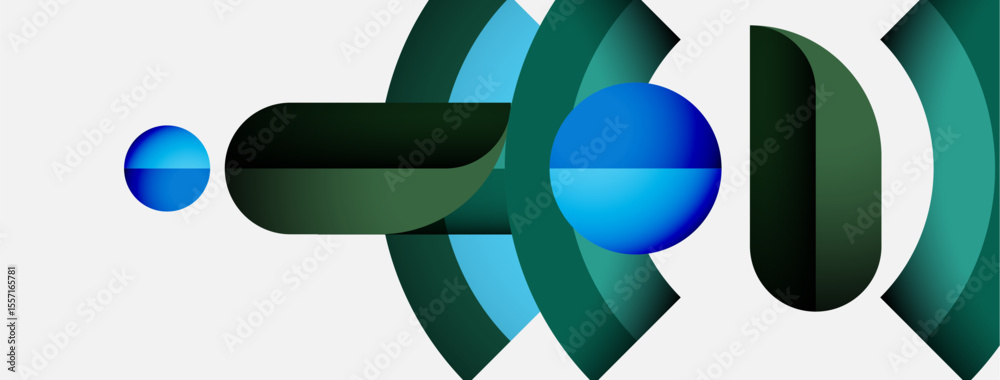 Poster Abstract geometric shapes, blue green color scheme. Overlapping circles create dynamic visual effect. Minimalist design, modern aesthetic.