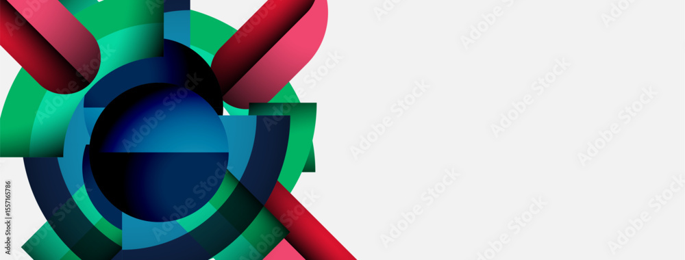 Poster abstract geometric shapes overlap, creating vibrant circular design. colors include red, green, blue