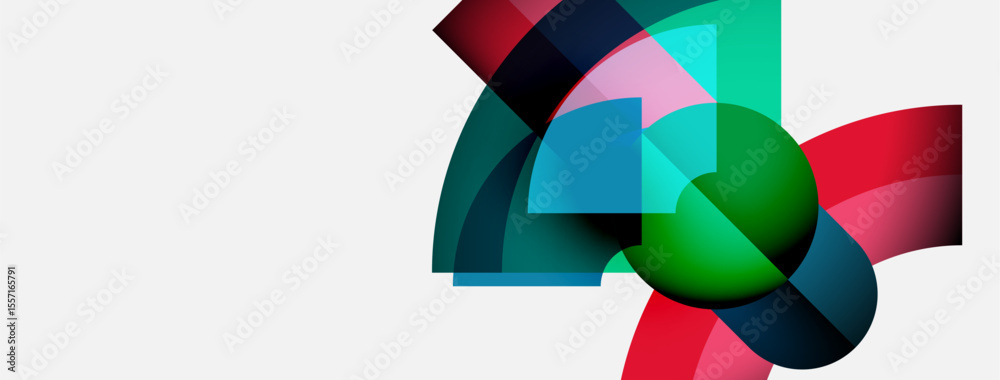 Poster Abstract colorful shapes overlap, creating dynamic composition. Green sphere dominates center, surrounded by red, blue hues. Minimalist design.