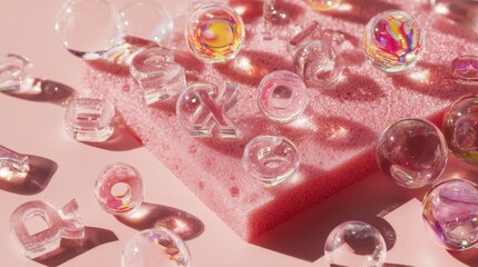 Abstract composition of glass letters on pink foam, alphabet art for creative design