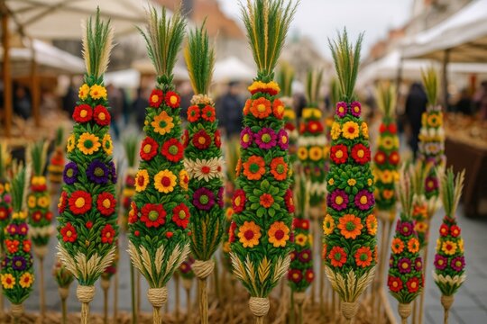 Easter Market in the Historic Old Town Featuring Traditional Lithuanian Verbos Palm