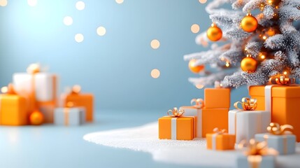 Snowy Christmas scene presents under orange-ornamented tree