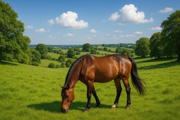 English countryside scene featuring a horse in the front