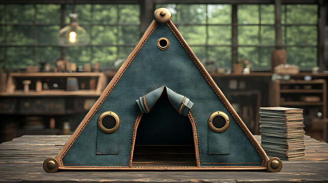 Artisanal handcrafted tent replica displayed on a rustic wooden table in a workshop