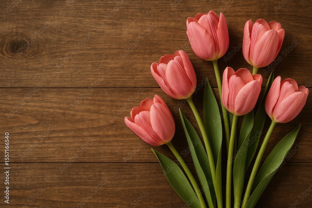 Aufkleber close-up of pink tulips resting on a wooden surface with ample space for text