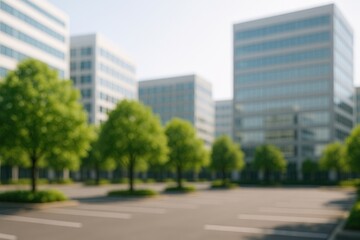 Obraz premium Soft Focus of Verdant Trees in a Structured Parking Area Amid Contemporary Office Complexes Under a Bright Sky