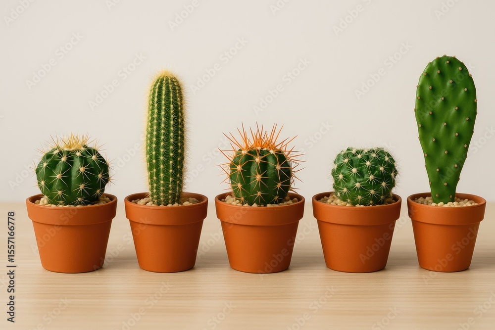 Poster collection of small cactus varieties arranged in pots against a plain background
