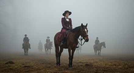 Woman in 19th century dress riding a horse