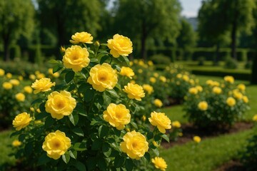 Obraz premium Vibrant yellow roses flourishing in a lush botanical garden setting