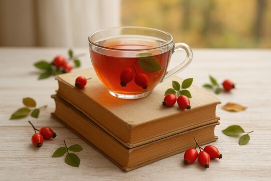 Vintage autumn scene featuring a tea cup and rosehip on a wooden table surrounded by old books
