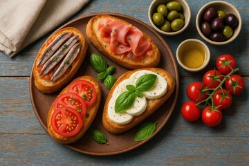 Classic Spanish-style tapas assortment with bread and bruschetta for a casual lunch setting. Ideal for sharing at gatherings or outdoor summer picnics on a rustic wooden surface.