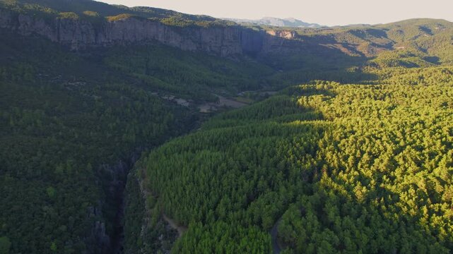 Blue river from Koprulu Tazi canyon, Manavgat Antalya Turkey drone aerial top view