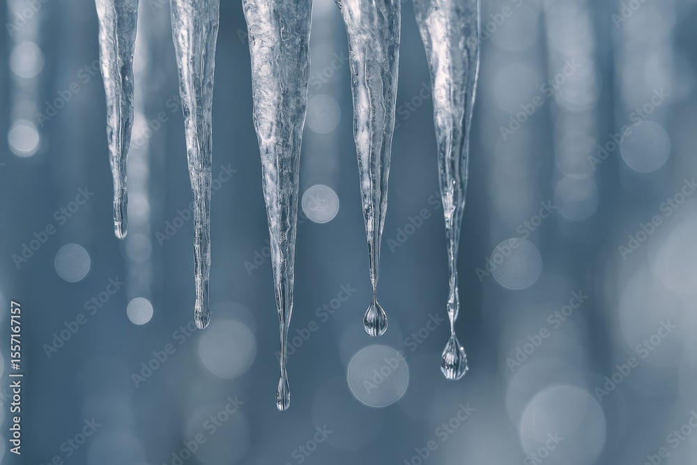 Poster frozen formations and cascading water - a close-up shot of icicles with water flowing from their tip