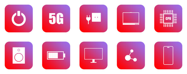 Technology Icons Set, Modern Technology Icons, Electronic Device Symbols Collection, Flat Digital Interface Icons on transparent background